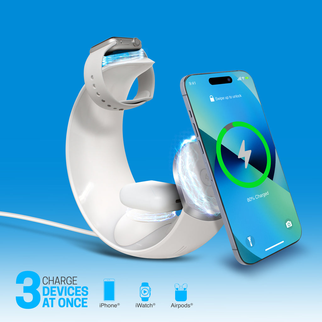 PowerPro Trinity 3 in 1 Wireless Charging Stand for iPhones, Apple Watches, and AirPods