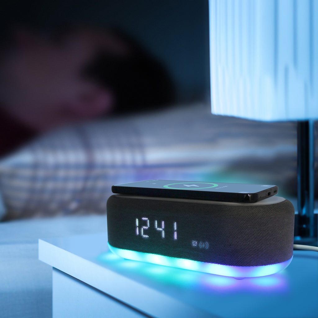 Tech Theory Wireless Charging Alarm Clock Speaker w/ Color Changing LED Nightlight