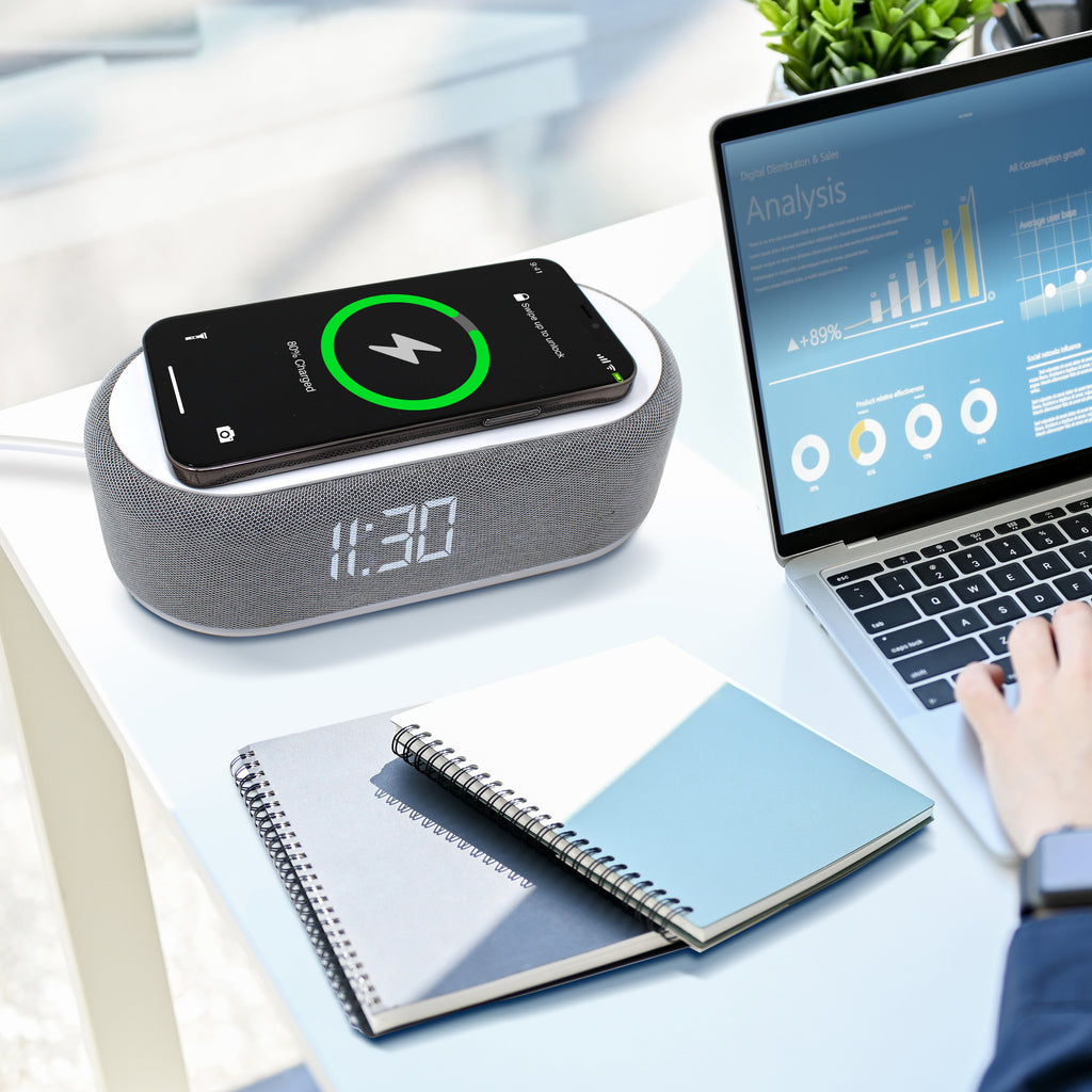 Tech Theory Wireless Charging Alarm Clock Speaker w/ Color Changing LED Nightlight