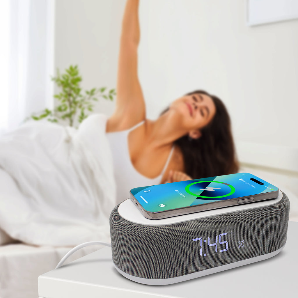 Tech Theory Wireless Charging Alarm Clock Speaker w/ Color Changing LED Nightlight